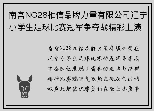 南宫NG28相信品牌力量有限公司辽宁小学生足球比赛冠军争夺战精彩上演各队奋勇争先展现青春风采
